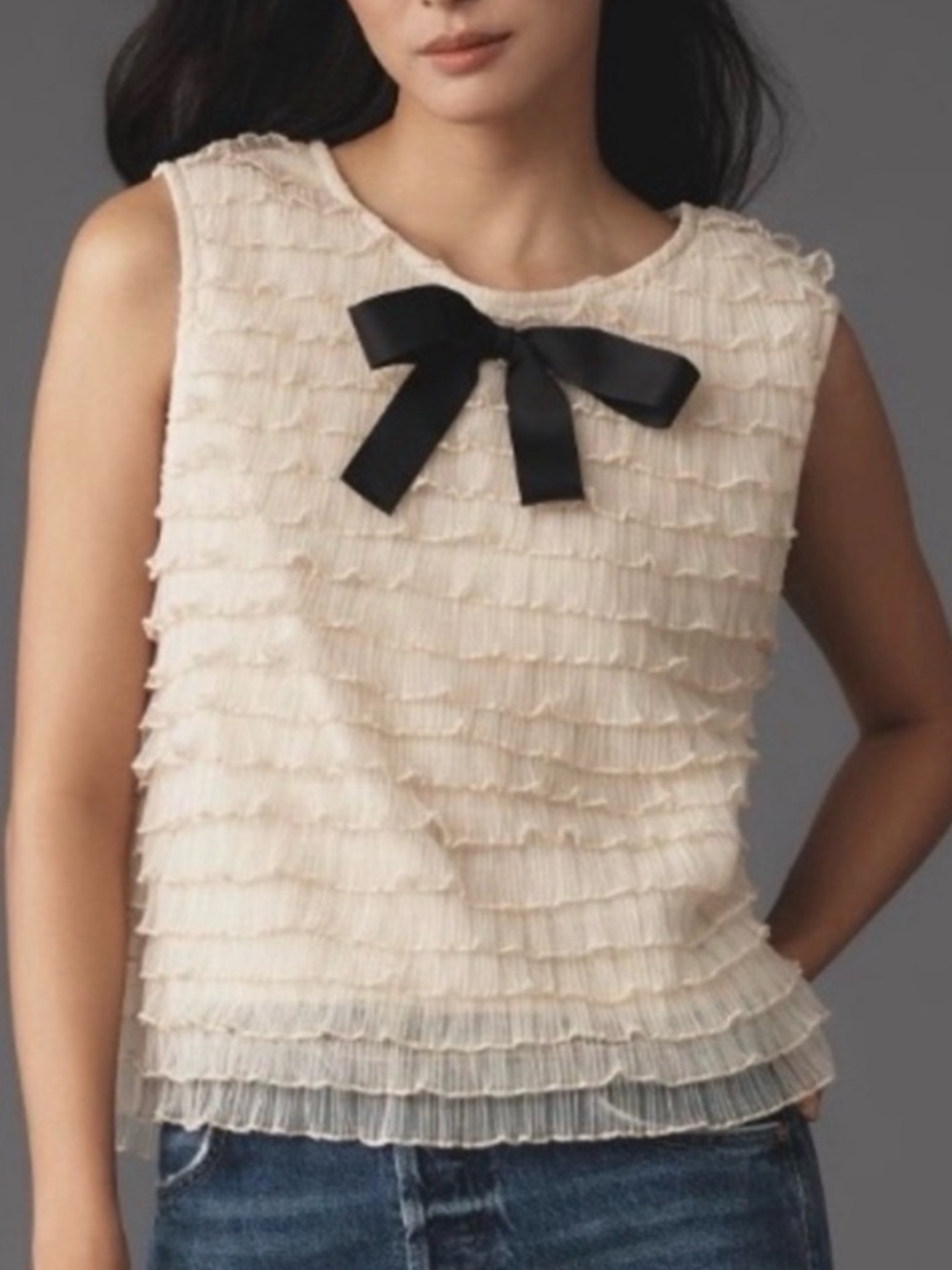 ‼️SOLD‼️ Blue Tassel Cream Ruffled Top Tiered with Black Bow Size 2X